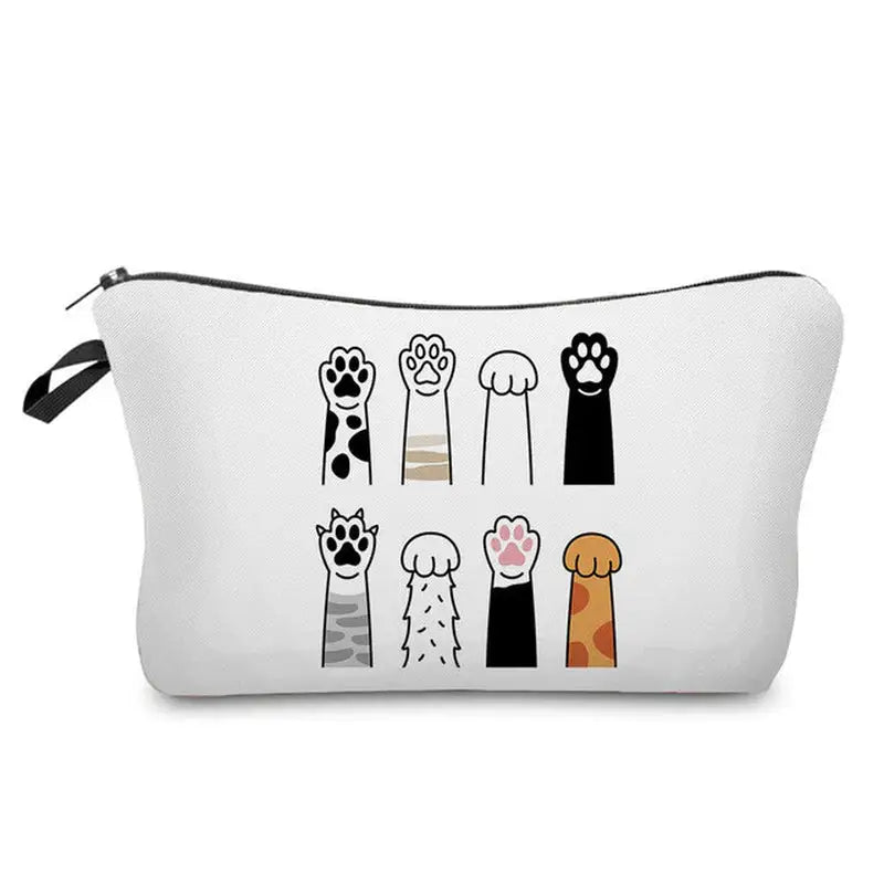 a white zipper bag with a cartoon dog and cat design