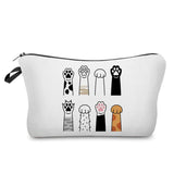 a white zipper bag with a cartoon dog and cat design