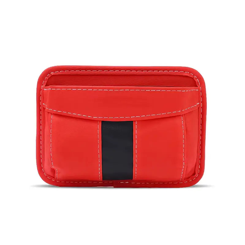 a red leather wallet with a black stripe