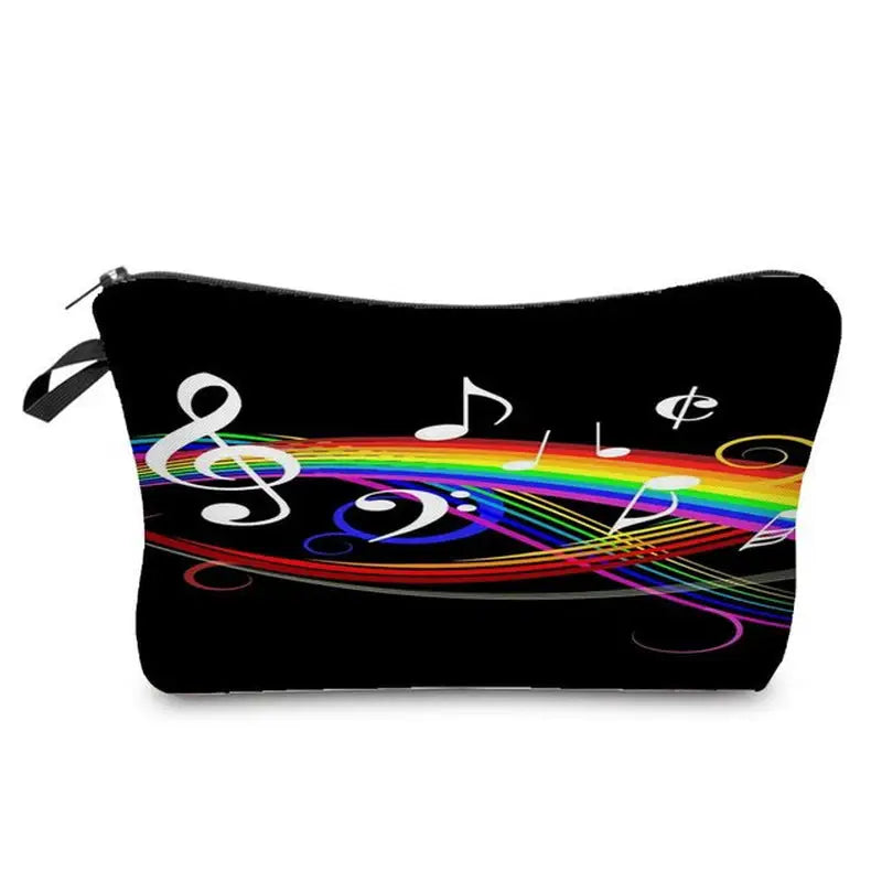 a black cosmetic bag with a rainbow colored music note design