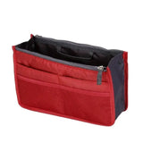 the red and grey zippered bag is open