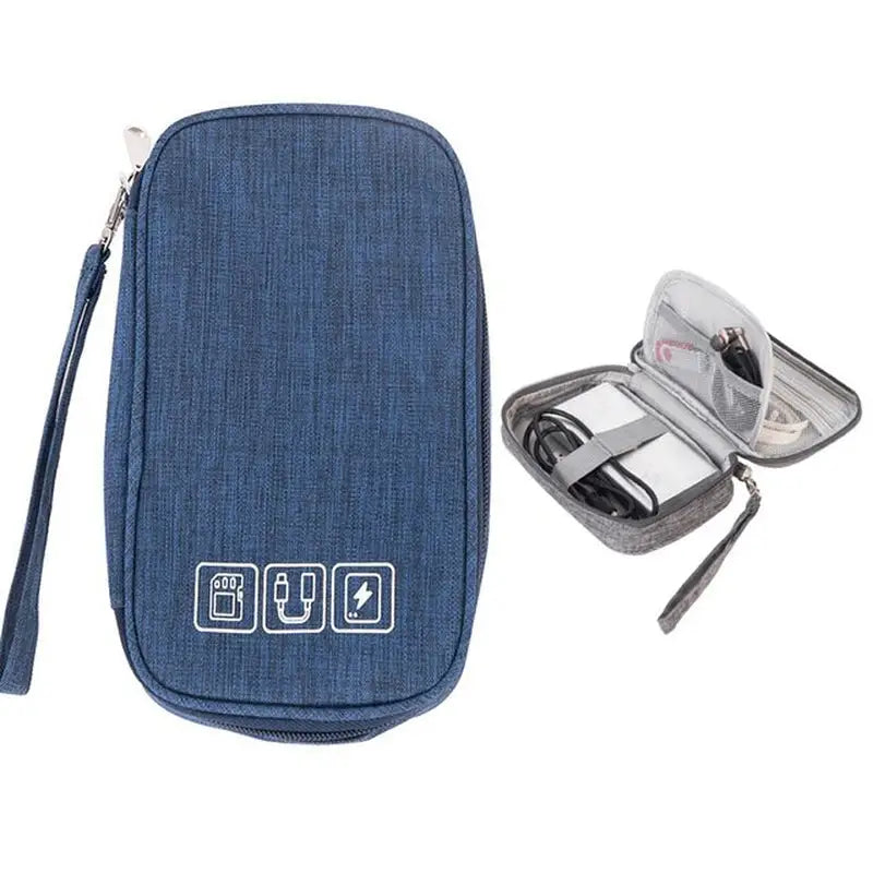 a blue denim case with a white logo on it