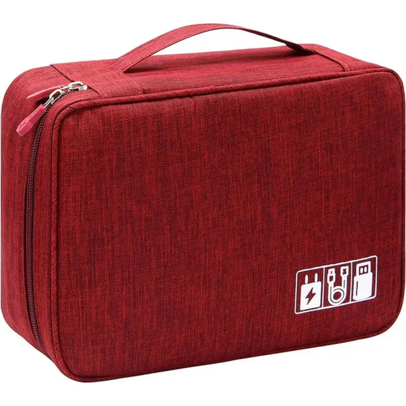 the red travel case is shown with a zipper closure