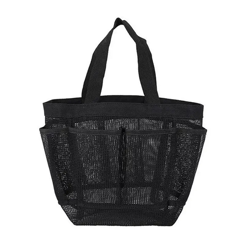 the mesh tote bag is black with a zipper closure