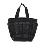 the mesh tote bag is black with a zipper closure