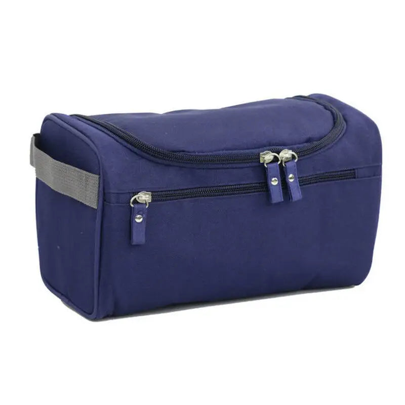 a blue travel toilet bag with zipper closure