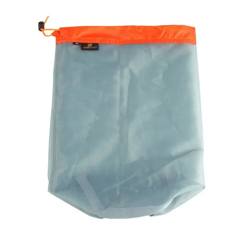 the dry bag is a small, blue bag with orange trim