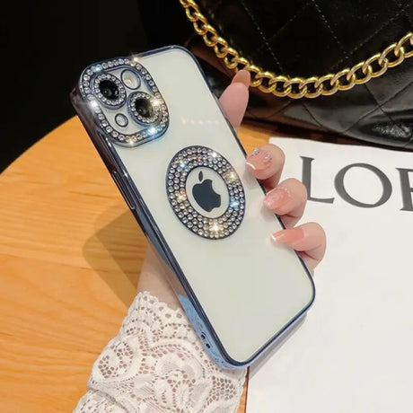 a woman holding a phone case with a chain around it