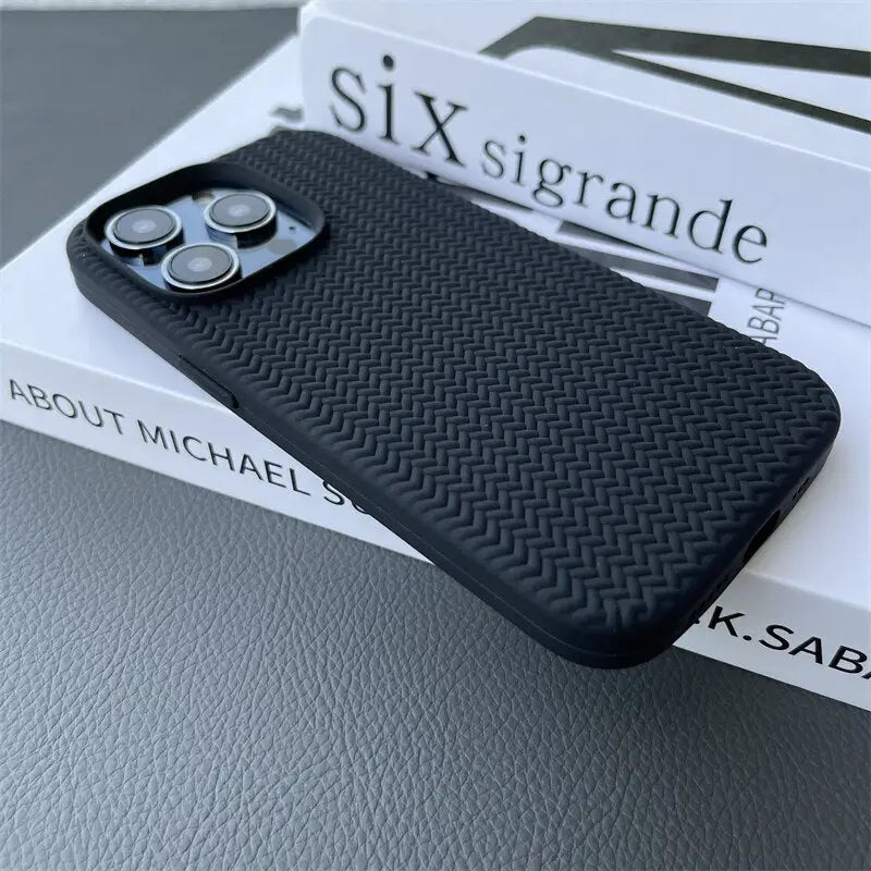 the case is made from carbon fiber and has a black carbon fiber