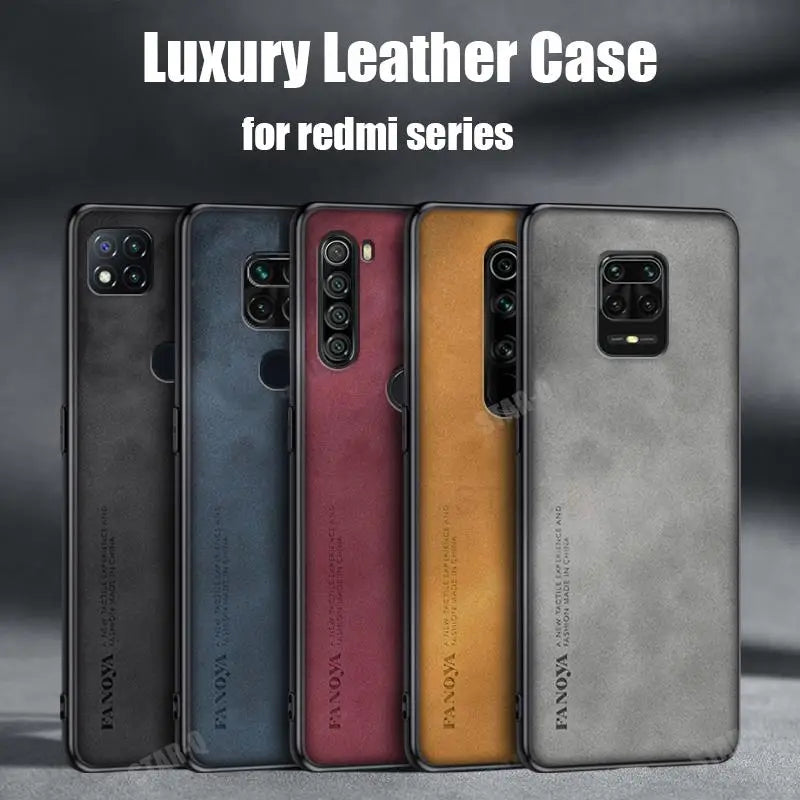 a group of four different colored leather cases with the words luxury leather case for redmi series