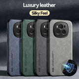 Luxury leather phone cases in various colors with prominent camera modules.