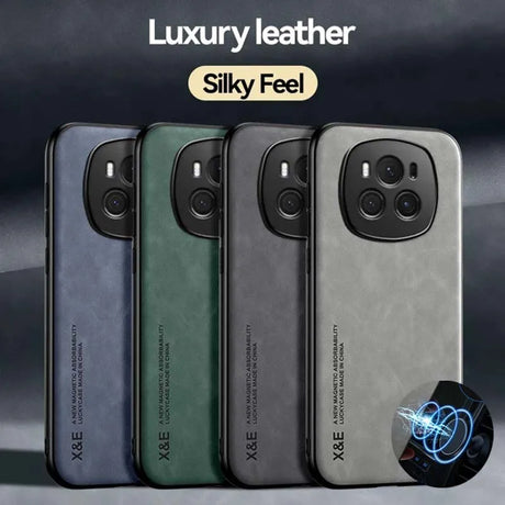 Luxury leather phone cases in various colors with prominent camera modules.