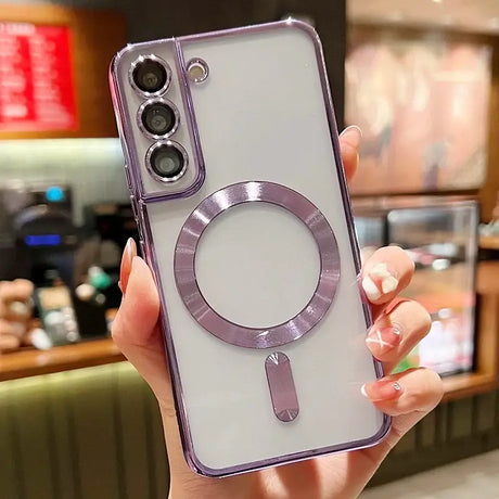 a woman holding a phone case with a circular design