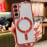 a woman holding a red and white phone case