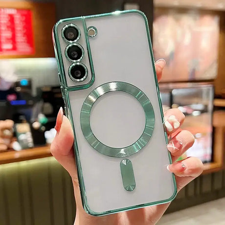 a woman holding a phone case with a circular design