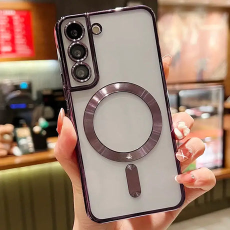 a woman holding a phone case with a circular design