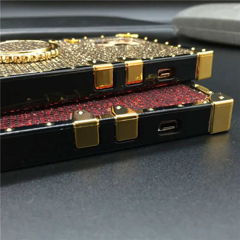 Luxury smartphones with diamond-encrusted and ruby-encrusted backs.