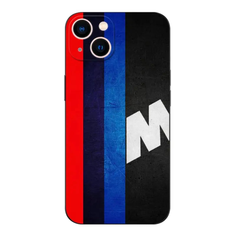 the m logo on a black and red iphone case
