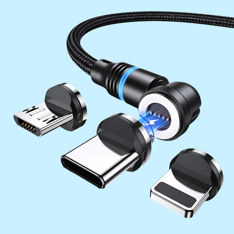 Magnetic charging cable with interchangeable connector tips.