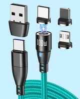 Magnetic charging cable with interchangeable connectors and a braided teal cord.