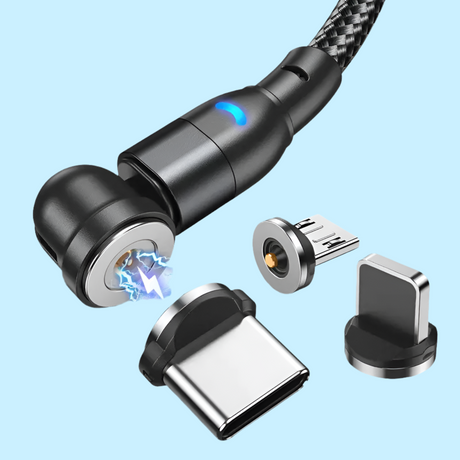 Magnetic charging cable with interchangeable connectors and a glowing tip.