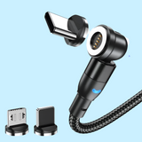 Magnetic charging cable with interchangeable connectors and a 90-degree angled plug.