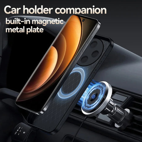 Magnetic car phone holder with a built-in metal plate for secure attachment.