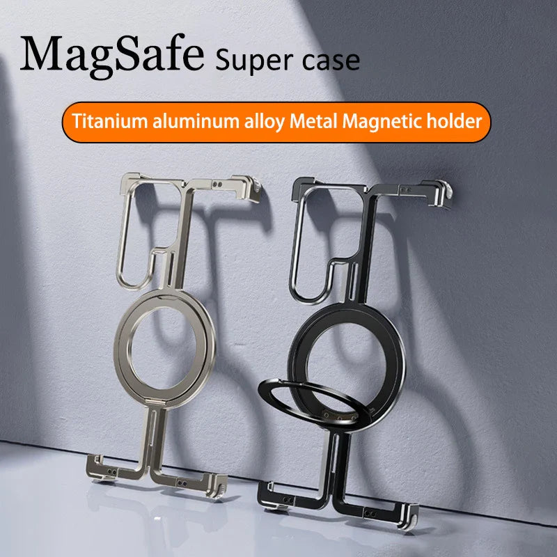 Magnetic holder device with a circular ring and hooks, available in silver and black colors.