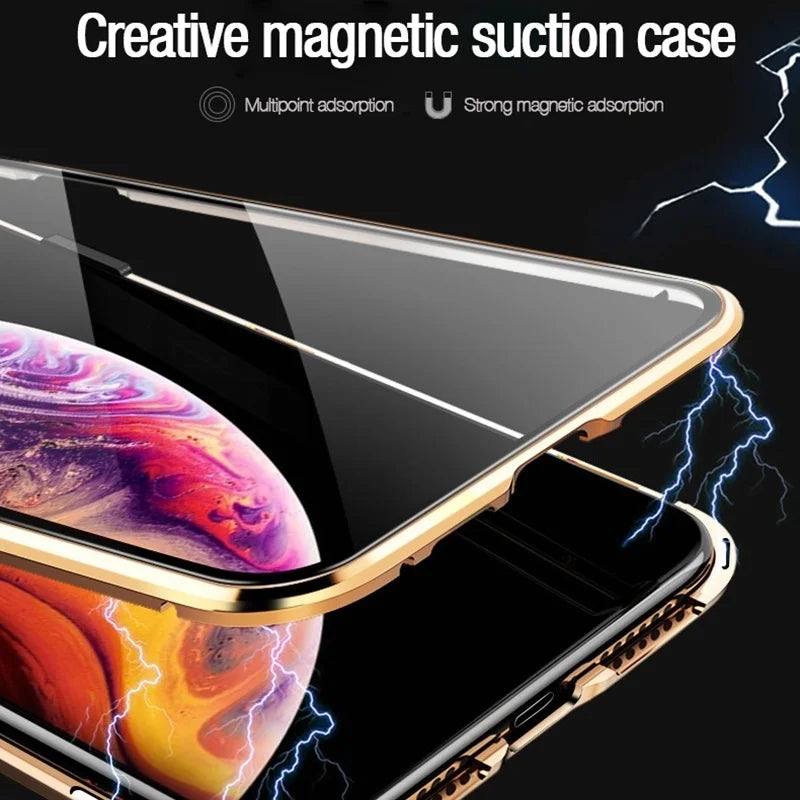 Magnetic phone case with a glass screen protector for an iPhone.