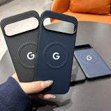 Magnetic phone cases with a carbon fiber texture for Google Pixel phones.
