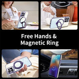 Magnetic ring phone holder and stand for hands-free use.