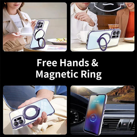 Magnetic ring phone holder and stand for hands-free use.