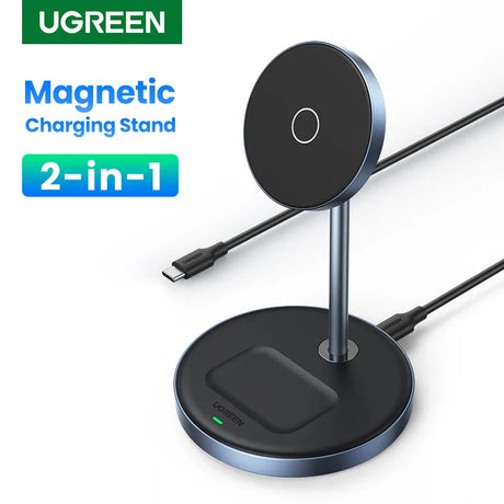 Magnetic charging stand with a circular base and upright arm for holding devices.