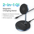 Magnetic charging stand for iPhones and earphones with dual charging capabilities.