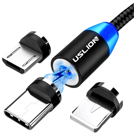 Magnetic USB charging cable with interchangeable connectors.