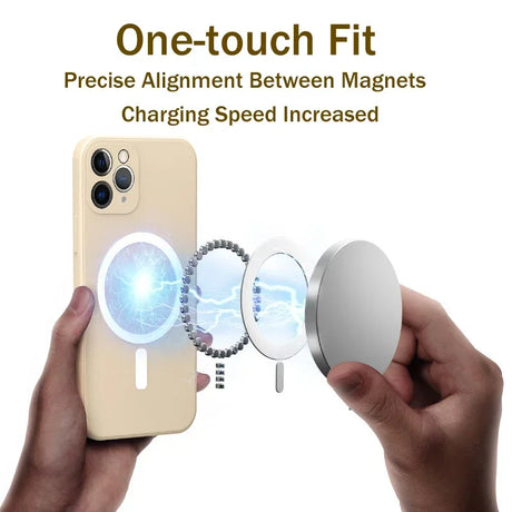 Magnetic wireless charger for an iPhone, showing its layered components and alignment mechanism.