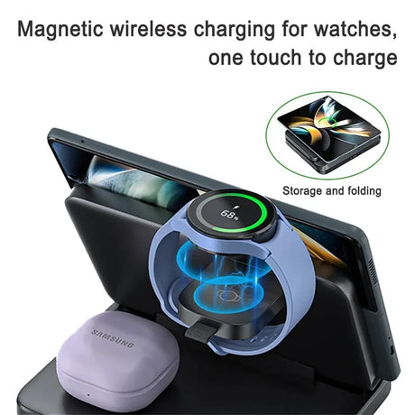 Magnetic wireless charging dock for smartwatches and earbuds with a foldable design.