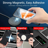 Magnetic wireless charging pad for smartphones with easy adhesive mounting.