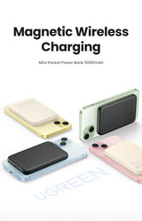 Magnetic wireless charging power banks in various pastel colors.