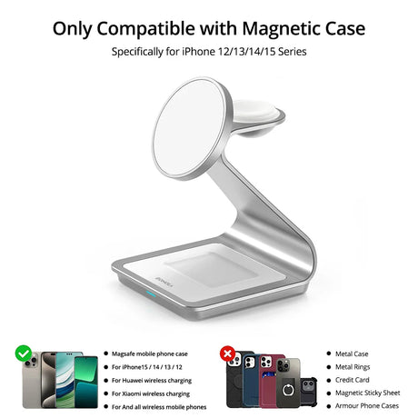 Magnetic wireless charging stand for iPhone with a circular pad and angled base.