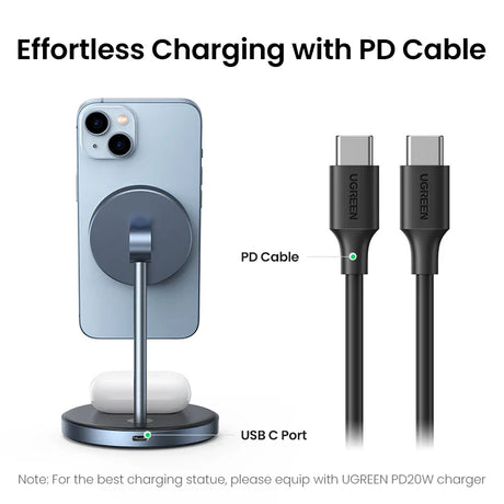 Magnetic wireless charging stand for a smartphone with an attached USB-C cable.