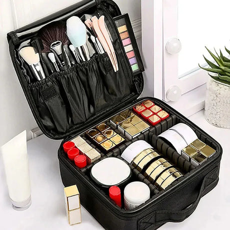 Makeup case filled with various cosmetics and brushes.