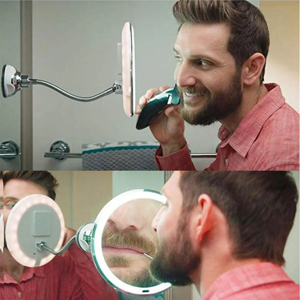 a man is brushing his beard in the mirror