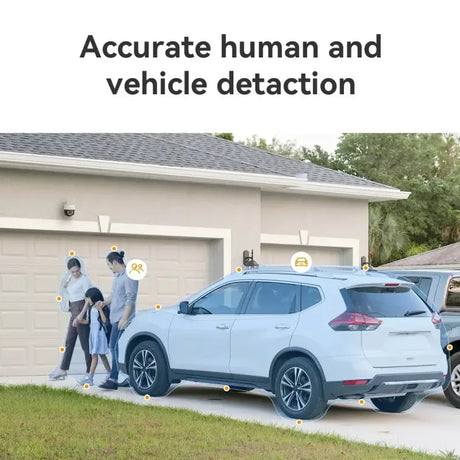 A man is standing next to a car with the words acr human and vehicle detection