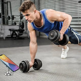 a man doing push ups with dumbs