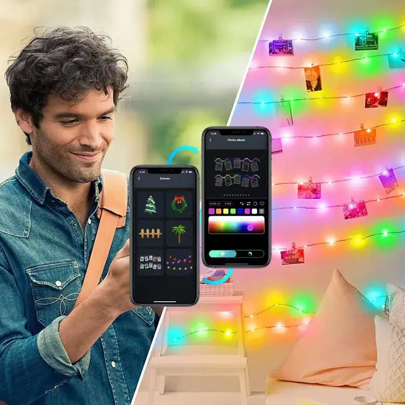 a man is holding a smart phone and a christmas tree
