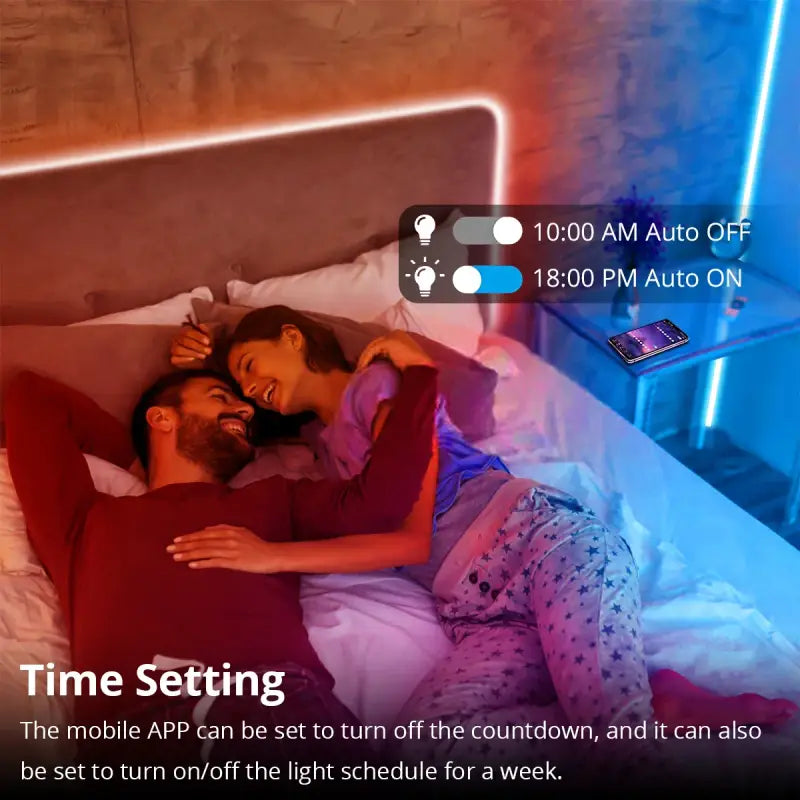 A man and woman laying in bed with a remote control