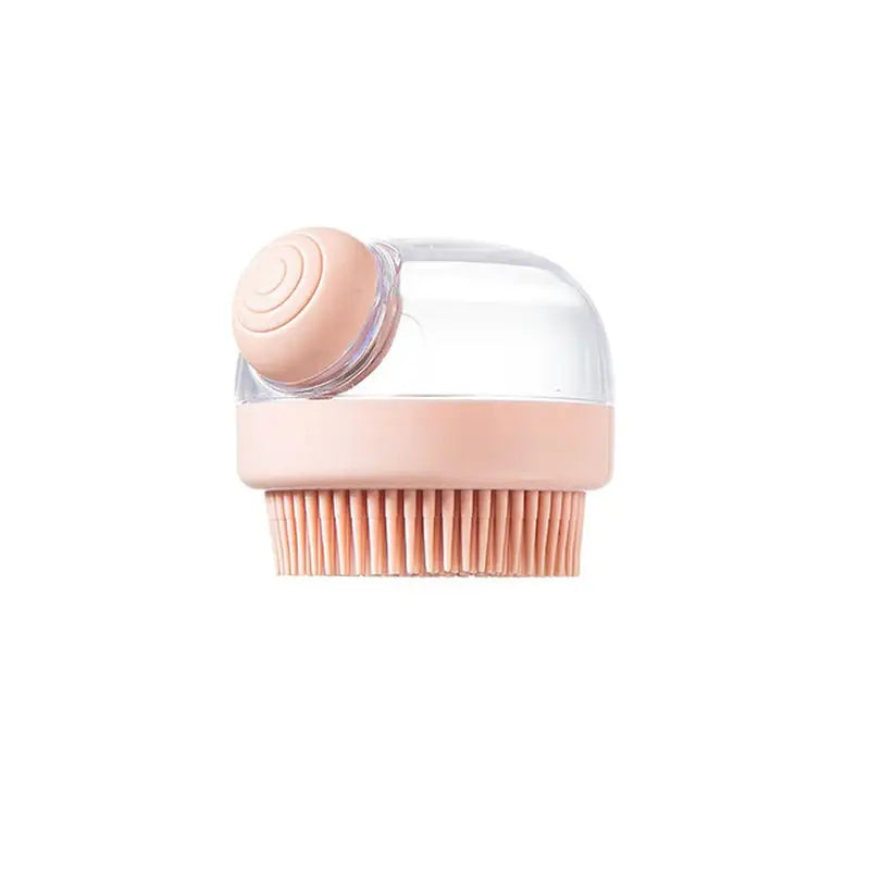 a brush with a pink handle and a white background