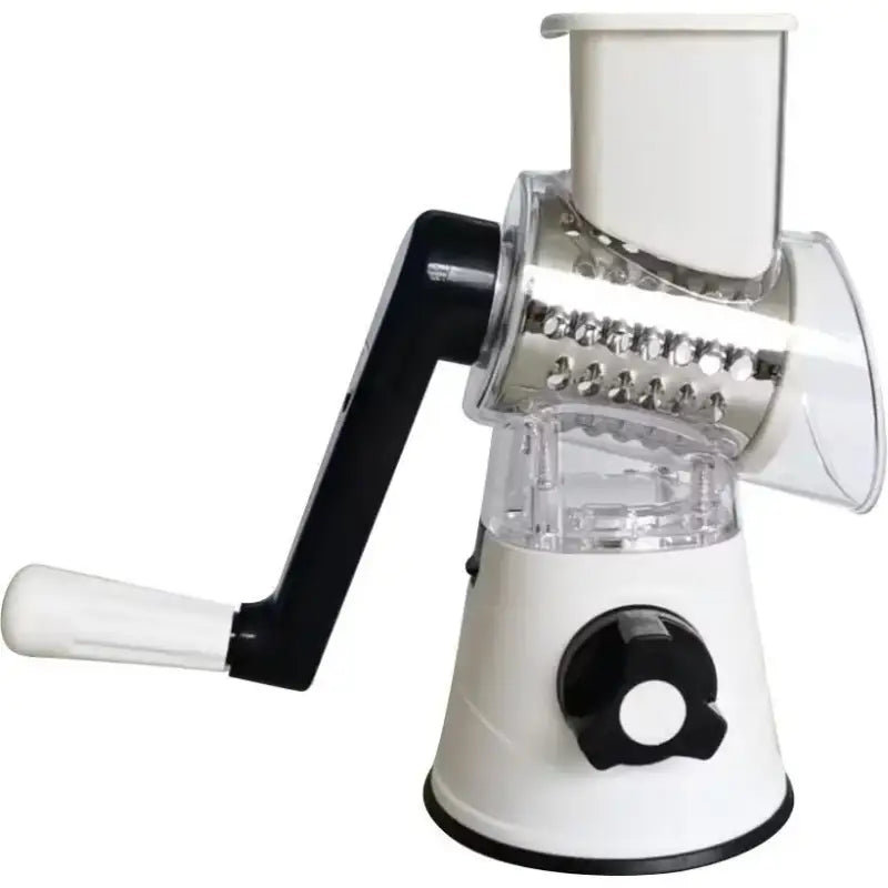 a white and black juicer with a black handle