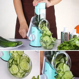 a woman is making a salad with cucums